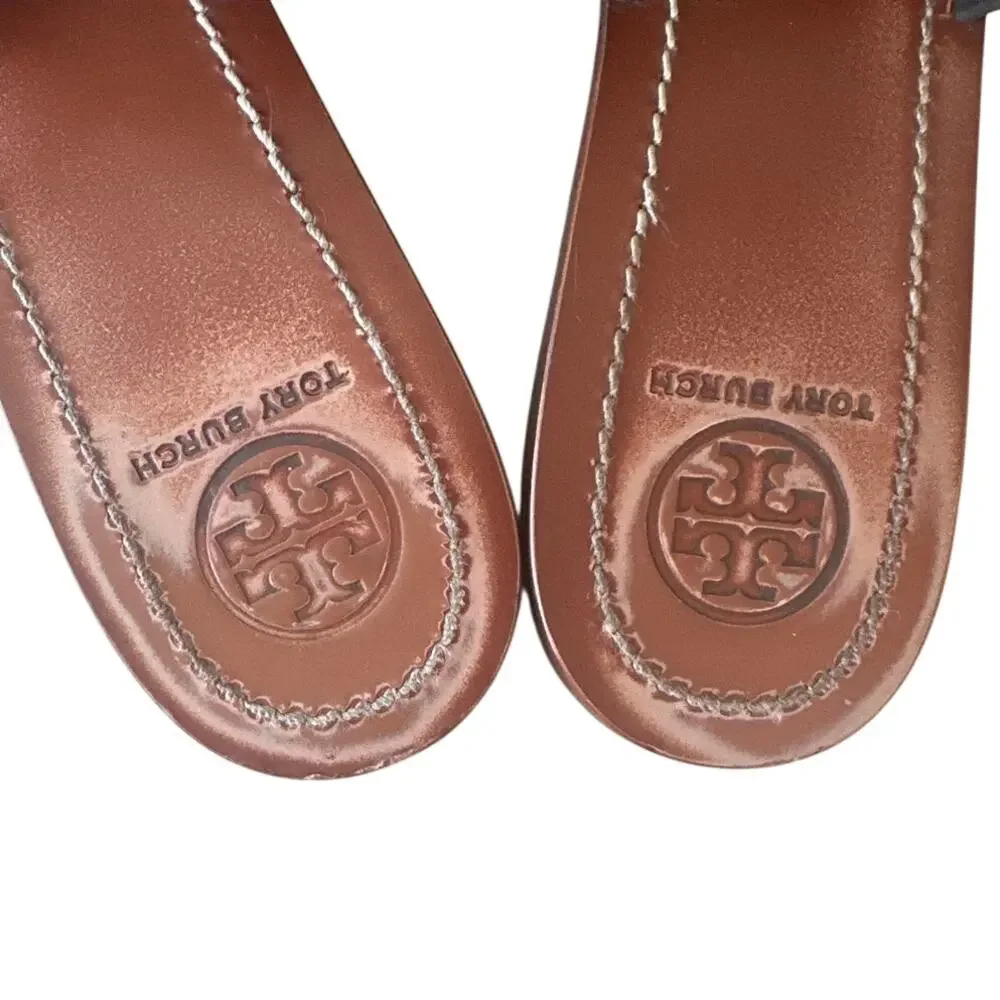 Tory Burch Perforated Logo T-Strap Sandals Navy Black 8